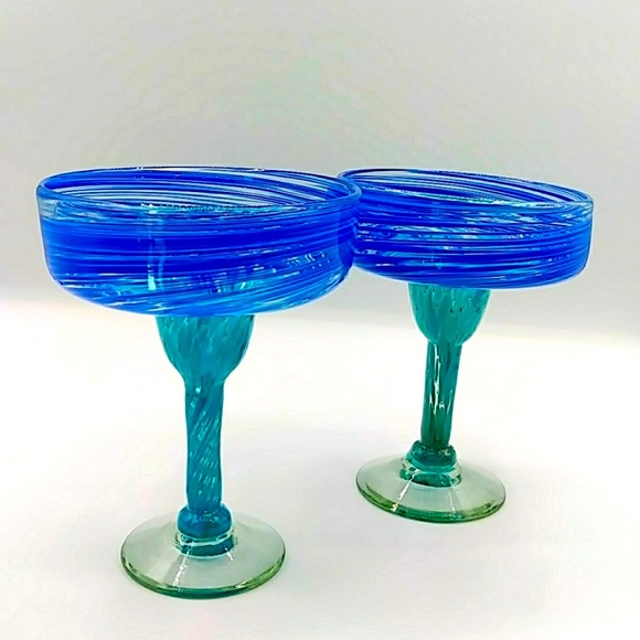 2 Hand Blown Margarita Glasses. Blue & Green Swirls. - Picture 3 of 8